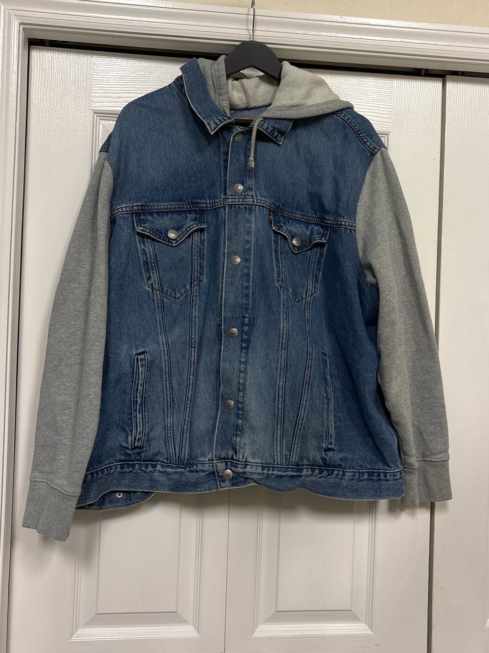 Levi's Blue Denim Jacket with Gray Hoodie Sleeves